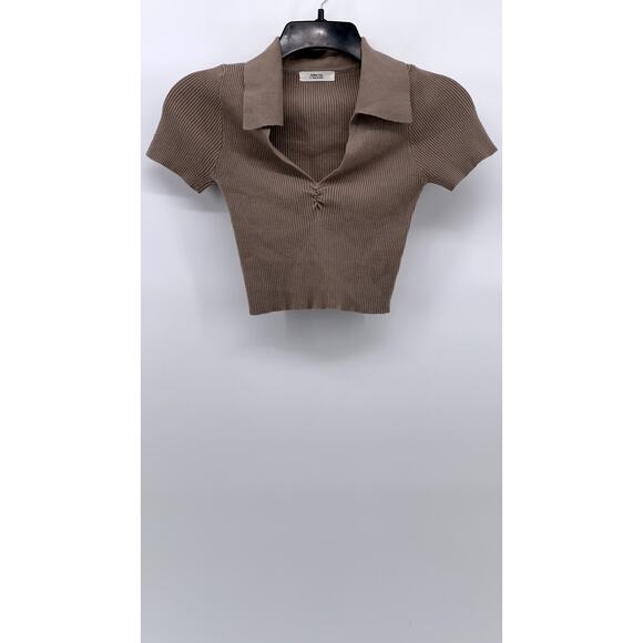 ACTIVE USA Women's Brown Ribbed Short Sleeve Crop Top SZ S - Picture 2 of 11